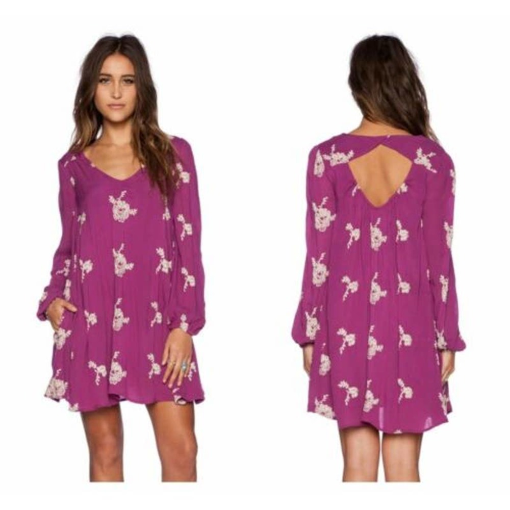 Free People Womens Size M Emma Austin Purple Embroidered Long Sleeve Mini Dress